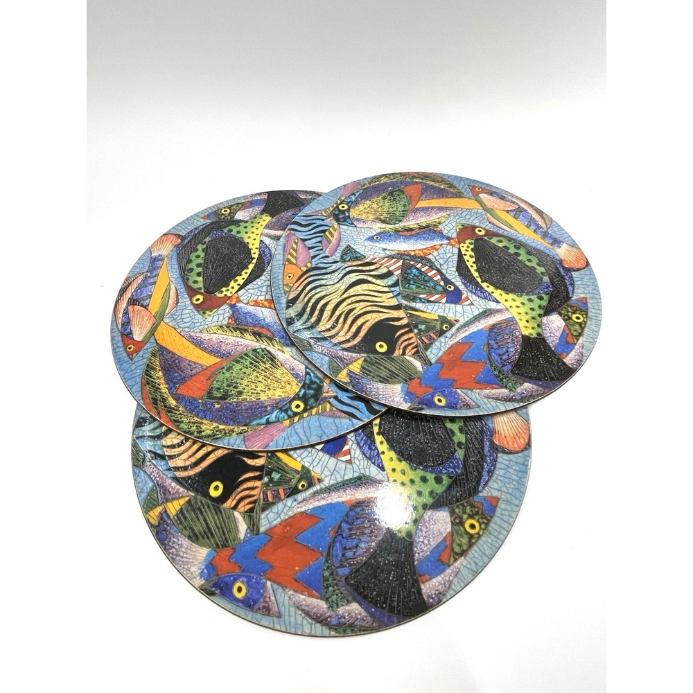 1999  Colorful Reef Fish‎ Cork Backed Hard Placemats Coasters 9 2/4" Set of 3